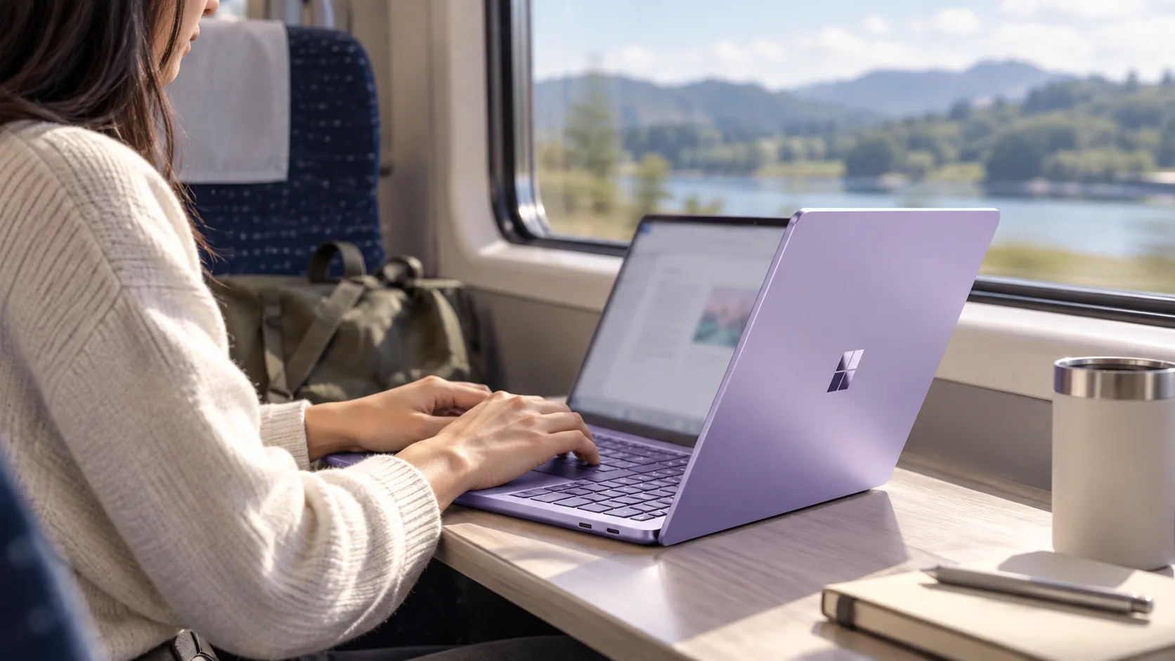 Ноутбук Surface Laptop на столе у окна во время поездки