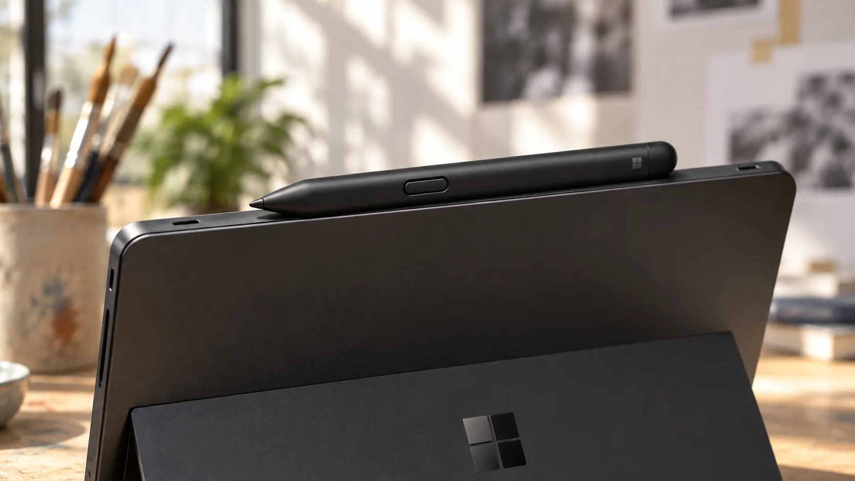 Цифровое перо рядом с краем планшета Surface в крупном плане