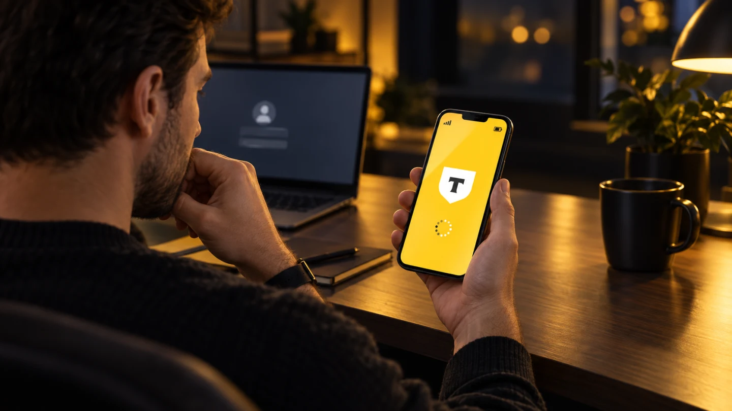 Пользователь ждёт код для входа в Т-Банк на смартфоне дома