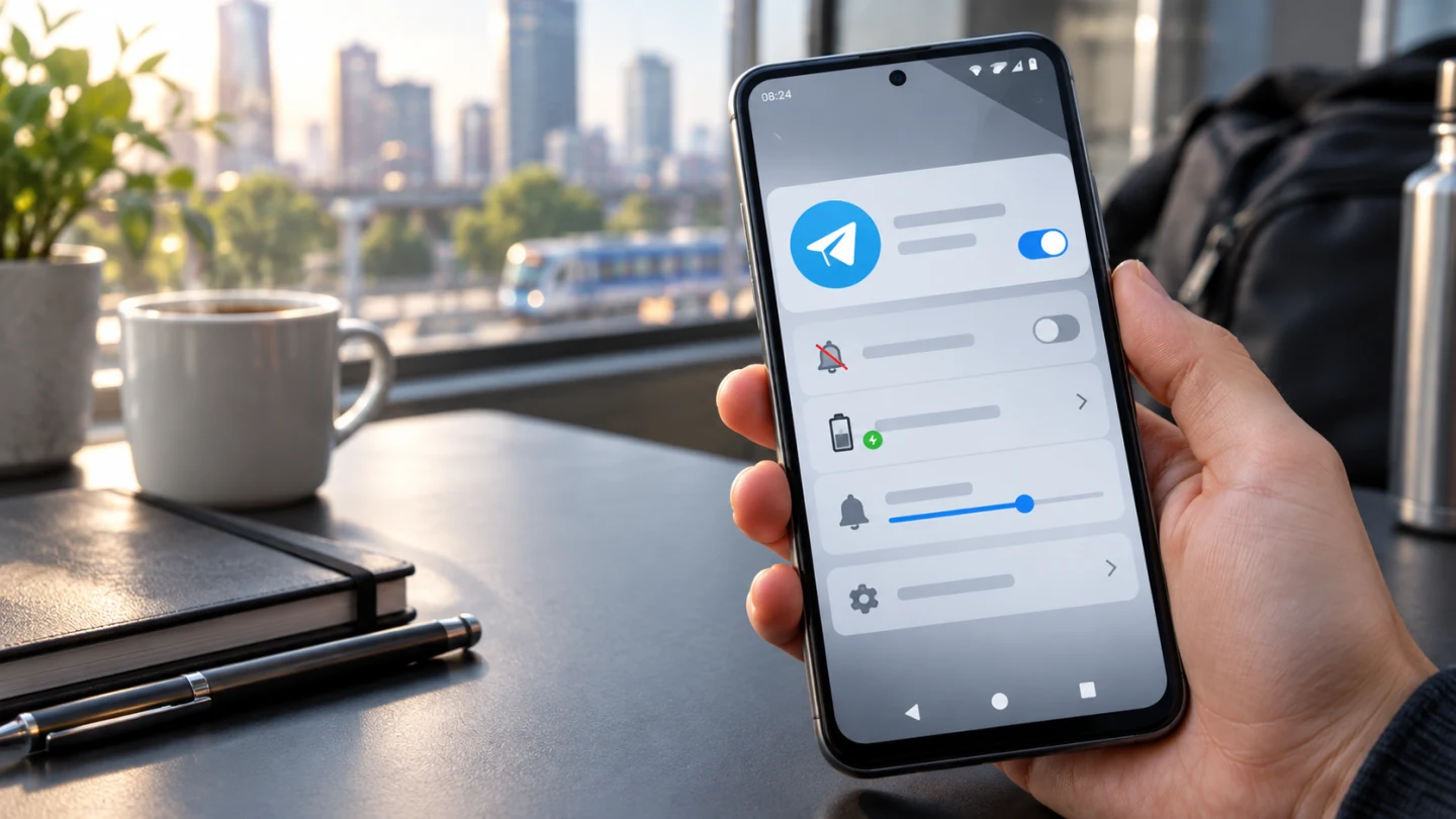 Пользователь проверяет разрешения и фоновые ограничения Telegram на Android