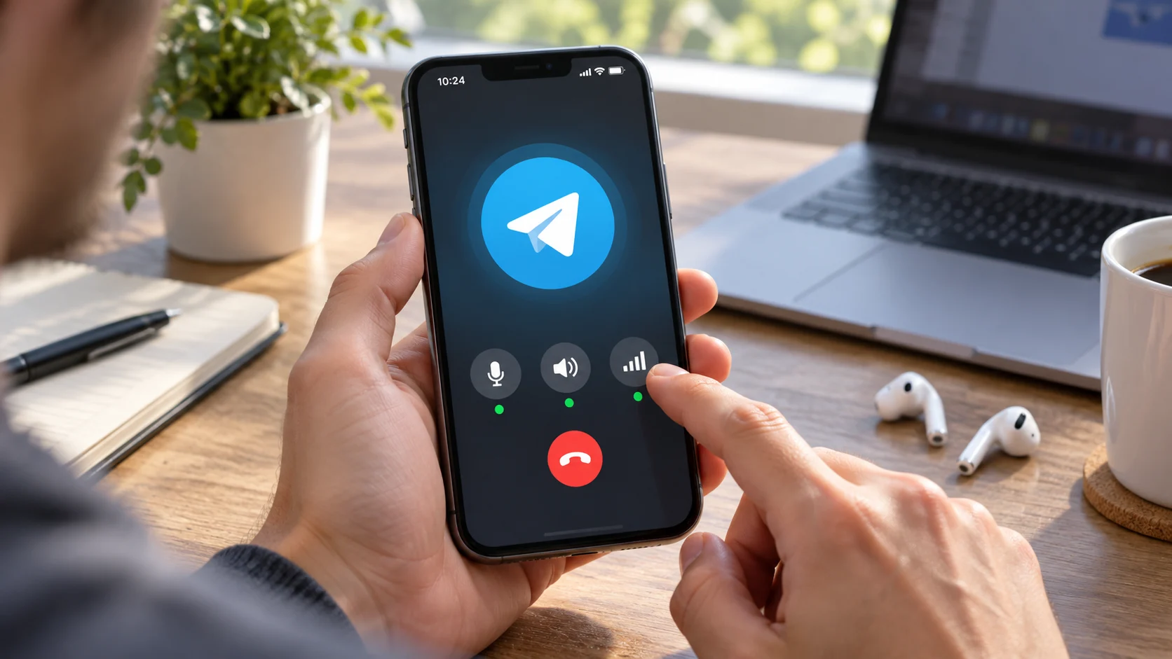 Пользователь проверяет микрофон, динамик и сеть перед звонком Telegram