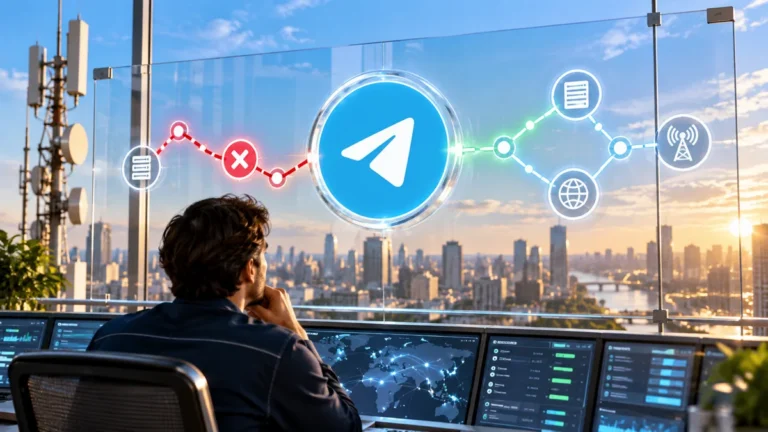 Диагностика сетевого маршрута с крупным официальным знаком Telegram