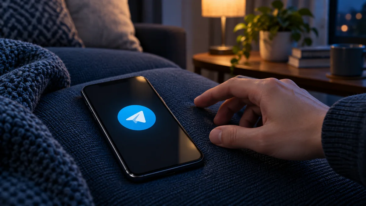 Официальный знак Telegram отображается на экране смартфона рядом с рукой пользователя