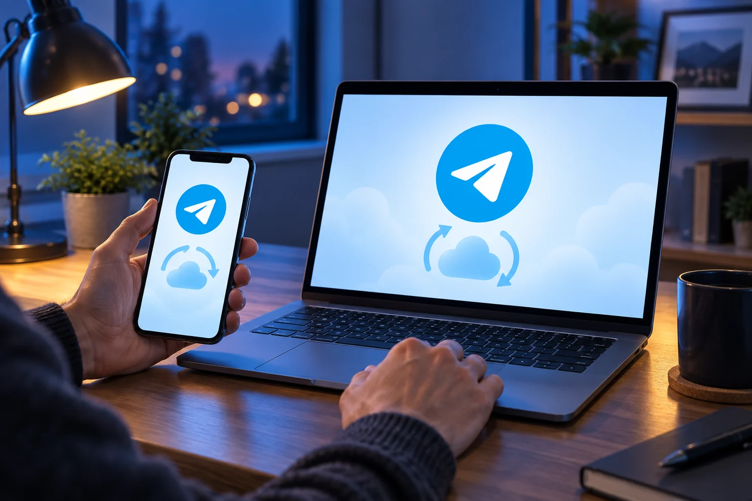 Пользователь проверяет синхронизацию Telegram между iPhone и компьютером