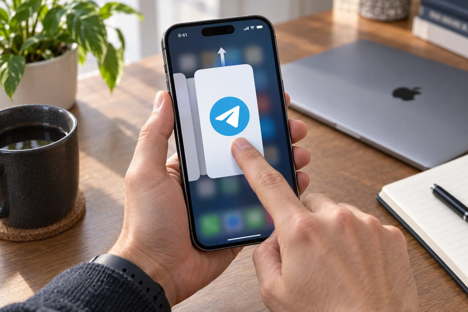 Пользователь закрывает зависшее приложение Telegram на iPhone