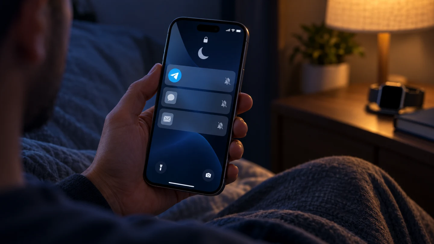 Пользователь проверяет заглушённые уведомления Telegram на iPhone вечером