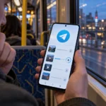 Пассажир проверяет остановившуюся загрузку фото и видео в Telegram на Android