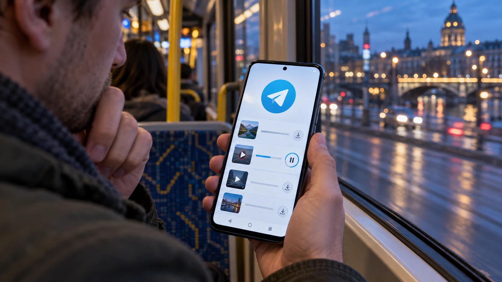 Пассажир проверяет остановившуюся загрузку фото и видео в Telegram на Android
