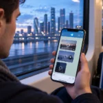 Пассажир проверяет остановившуюся загрузку фото и видео в Telegram на iPhone