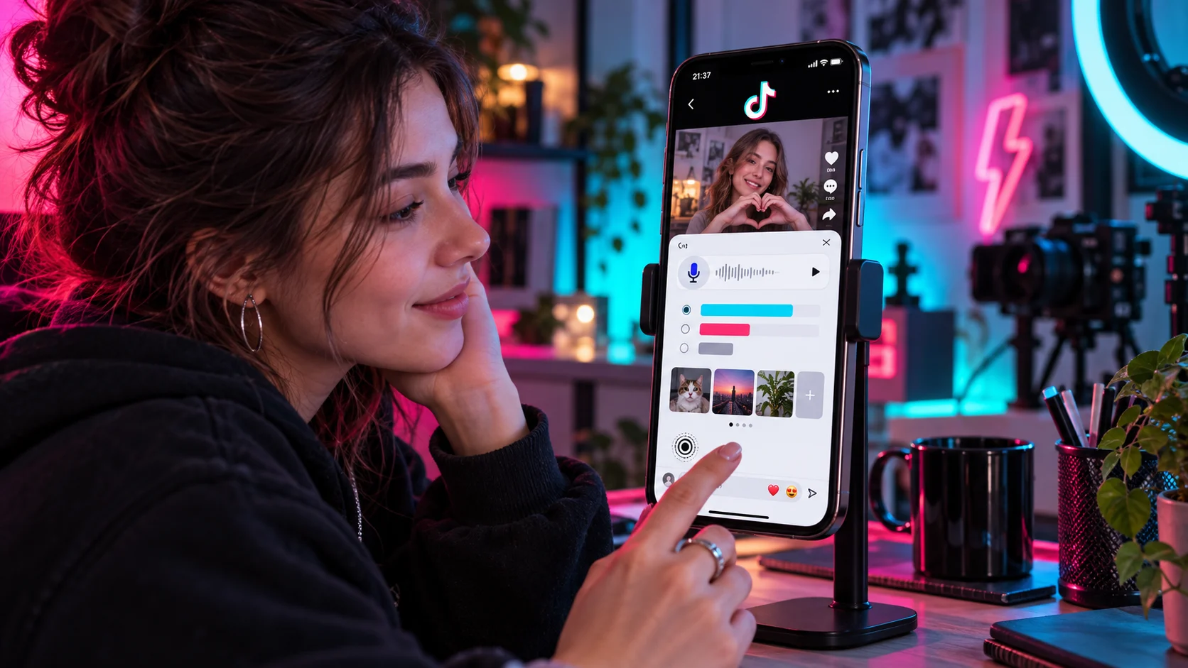 Создатель контента проверяет голосовой комментарий, опрос и фото в TikTok