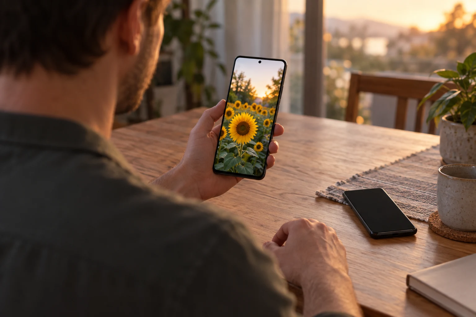 Человек проверяет фотографию на новом Android после переноса