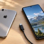 iPhone с видимым знаком Apple лежит рядом с Android и кабелем для подготовки переноса