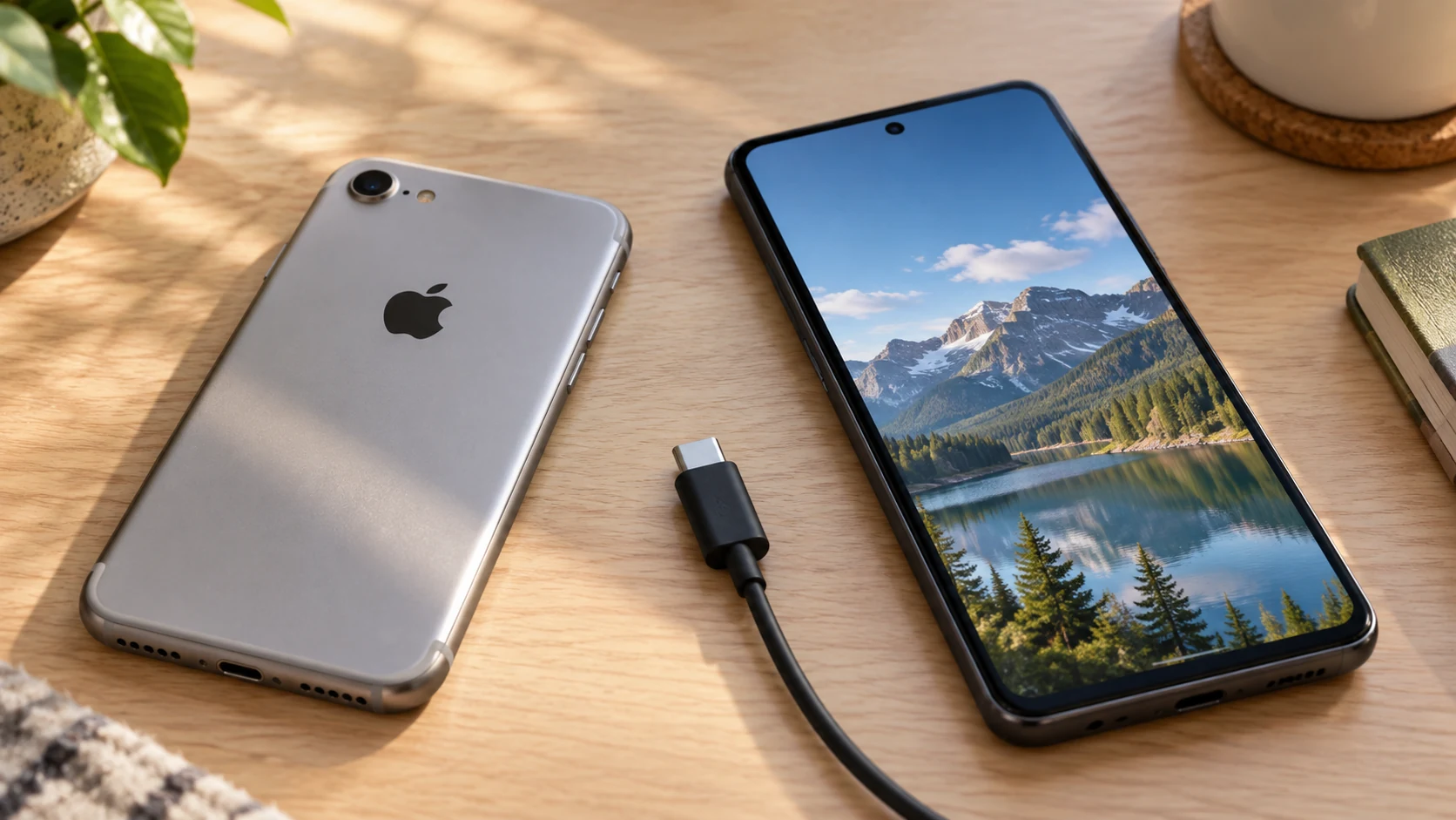 iPhone с видимым знаком Apple лежит рядом с Android и кабелем для подготовки переноса