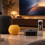 Apple TV 4K, Siri Remote и HomePod в современном вечернем интерьере