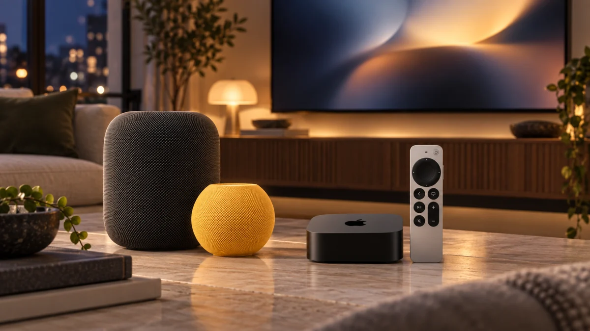 Apple TV 4K, Siri Remote и HomePod в современном вечернем интерьере