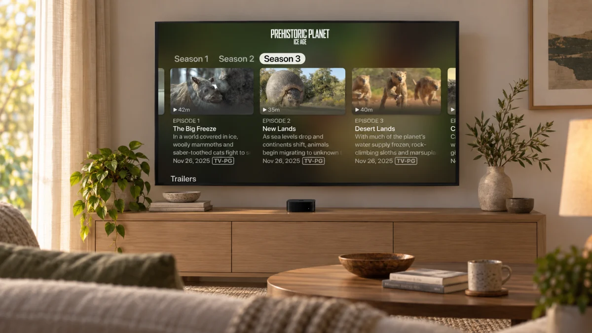 Телевизор с увеличенным текстом интерфейса tvOS 27 в гостиной