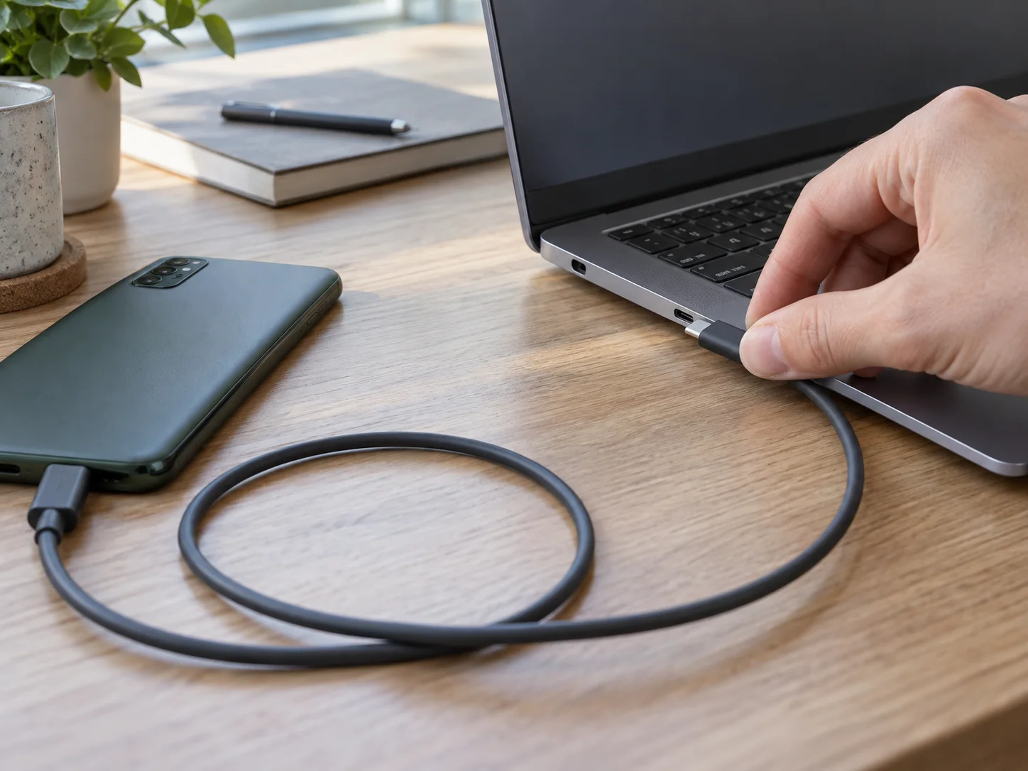 Штекер USB‑кабеля подносят к порту ноутбука; другой конец подключён к Android-телефону