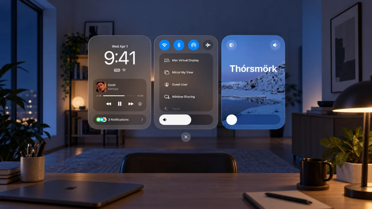 Обновлённый Control Center visionOS 27 в вечернем домашнем офисе