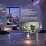 Пространственный интерфейс visionOS 27 в современной галерее с холодным светом