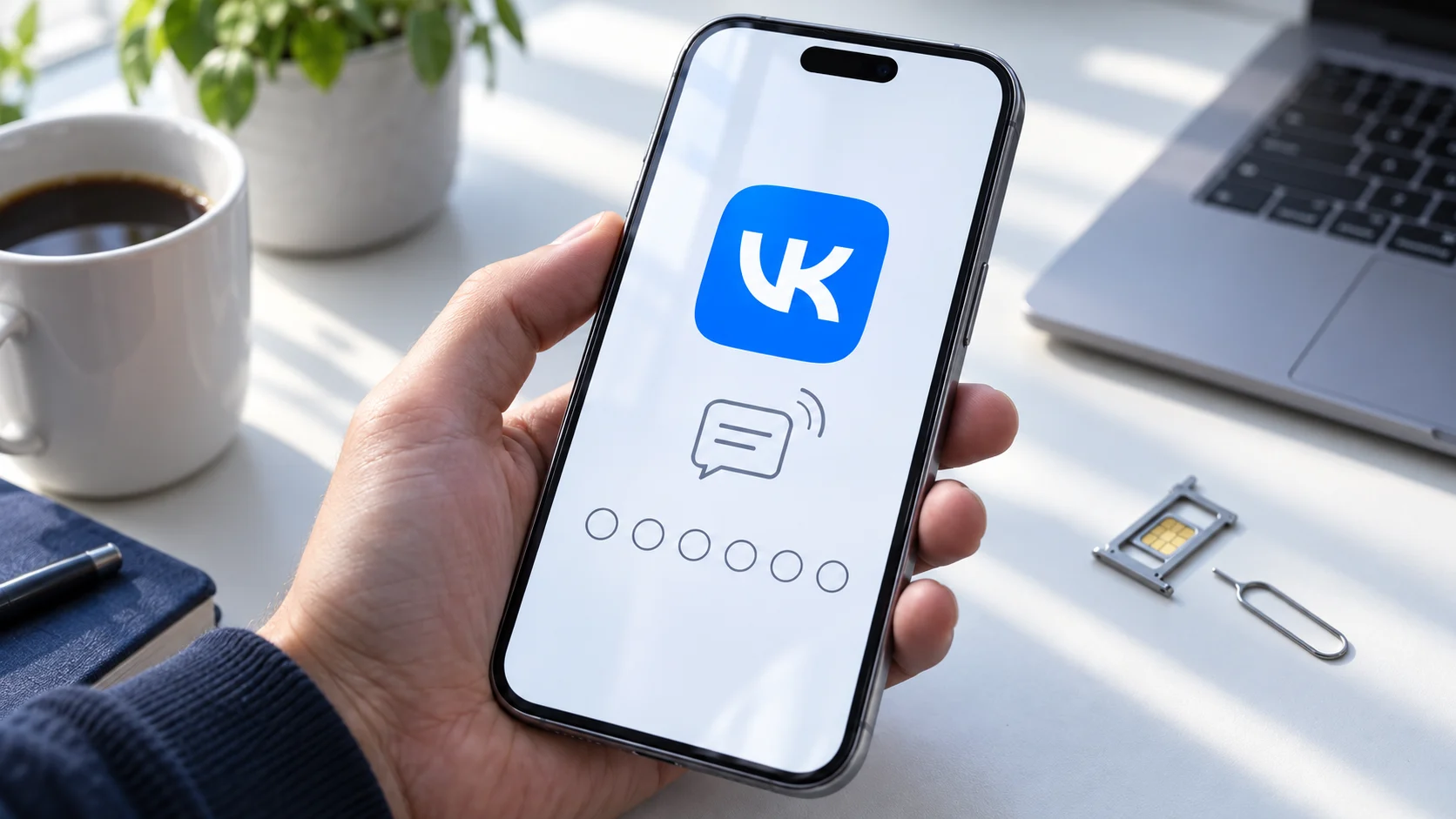 Экран входа VK ожидает код подтверждения на смартфоне
