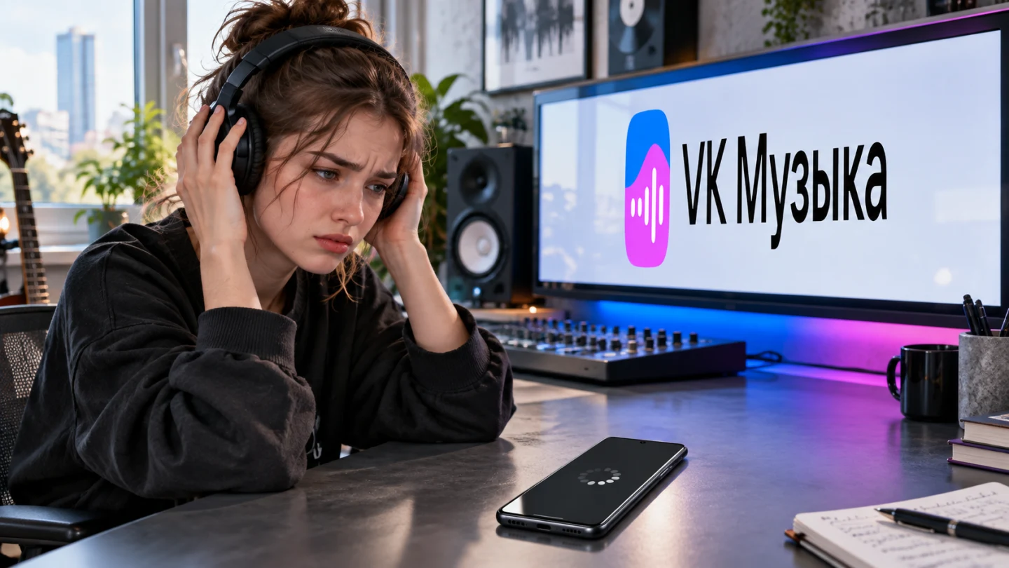 Проверка воспроизведения VK Музыки на Android рядом с широким экраном с официальным знаком сервиса