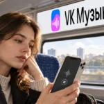 Пассажирка проверяет воспроизведение VK Музыки на iPhone в поезде