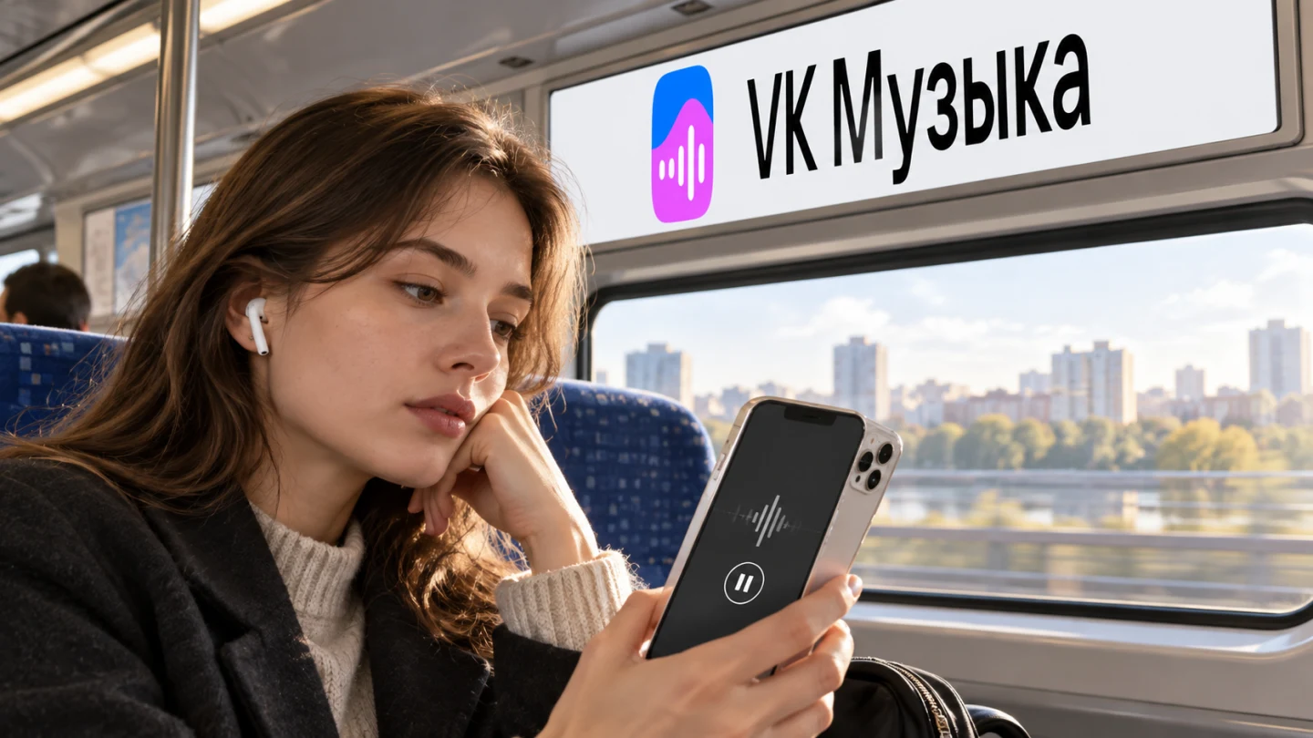 Пассажирка проверяет воспроизведение VK Музыки на iPhone в поезде