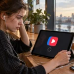 Зрительница проверяет загрузку VK Видео на планшете в кафе