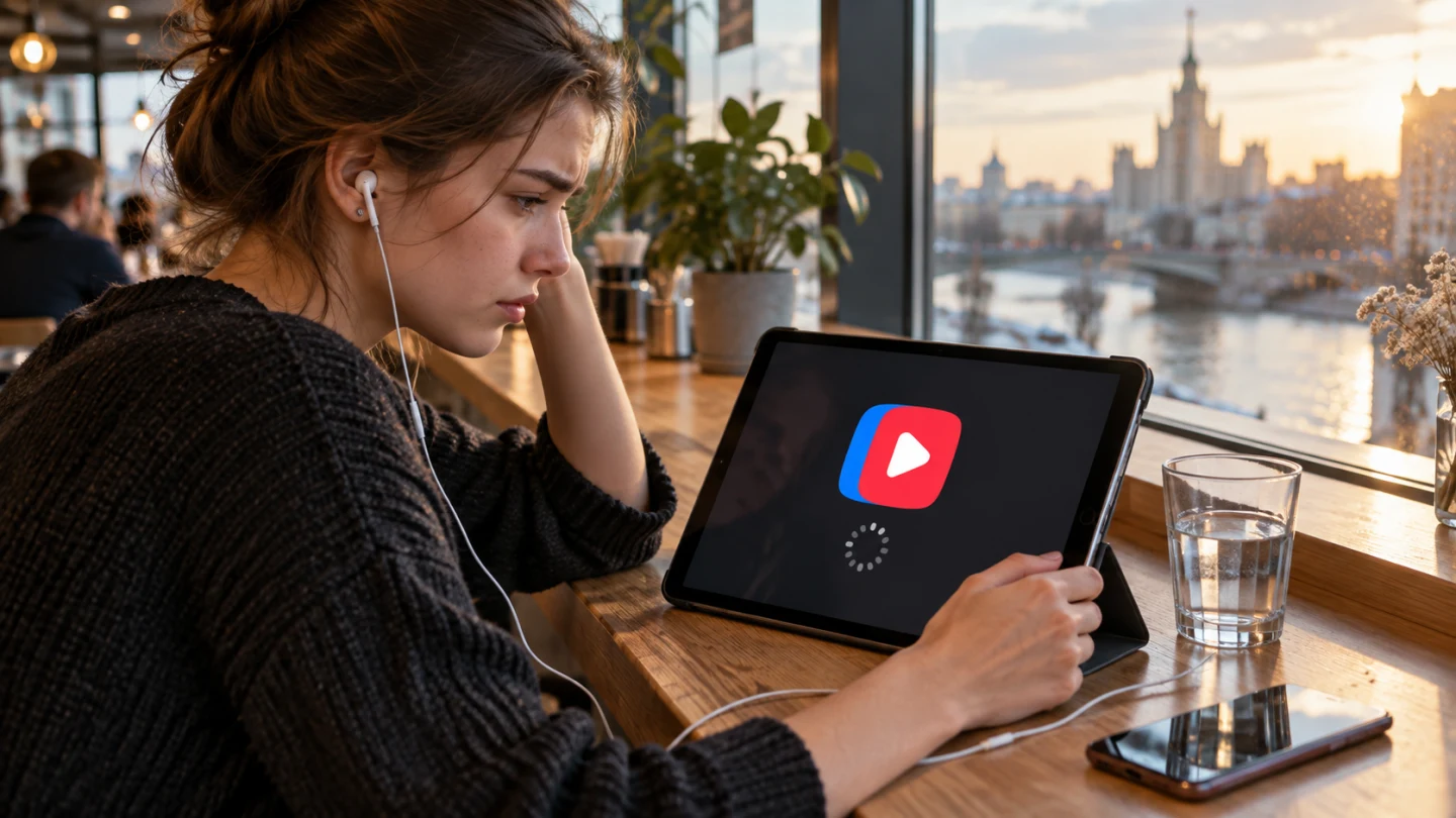 Зрительница проверяет загрузку VK Видео на планшете в кафе