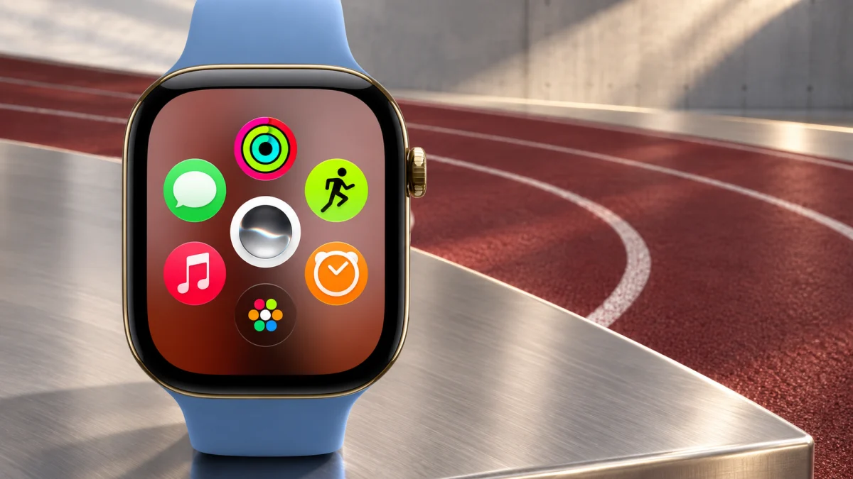 Apple Watch с динамической сеткой приложений в современной спортивной студии