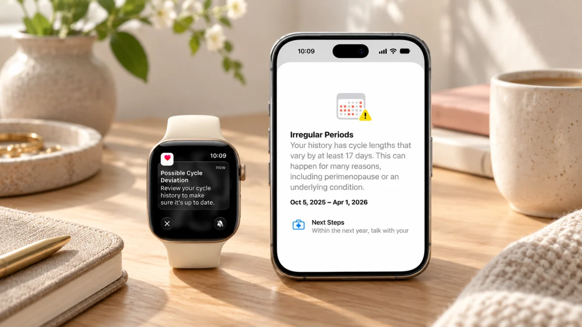 Apple Watch и iPhone показывают уведомление Cycle Tracking о возможном изменении цикла