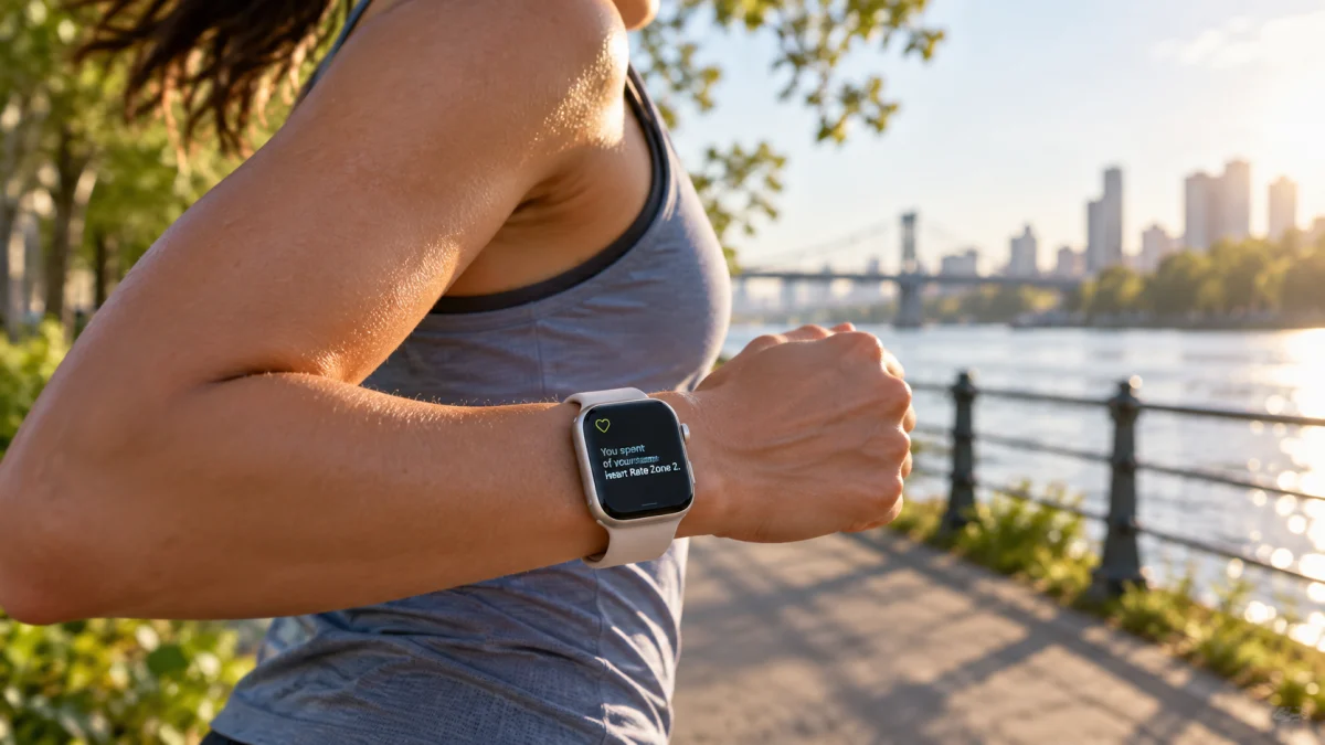 Бегун использует Apple Watch с данными тренировки Workout Buddy