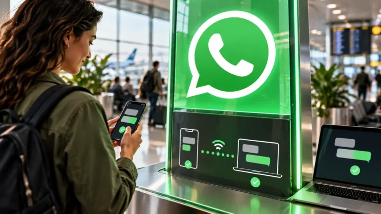 Подключение телефона и компьютера с крупным официальным знаком WhatsApp