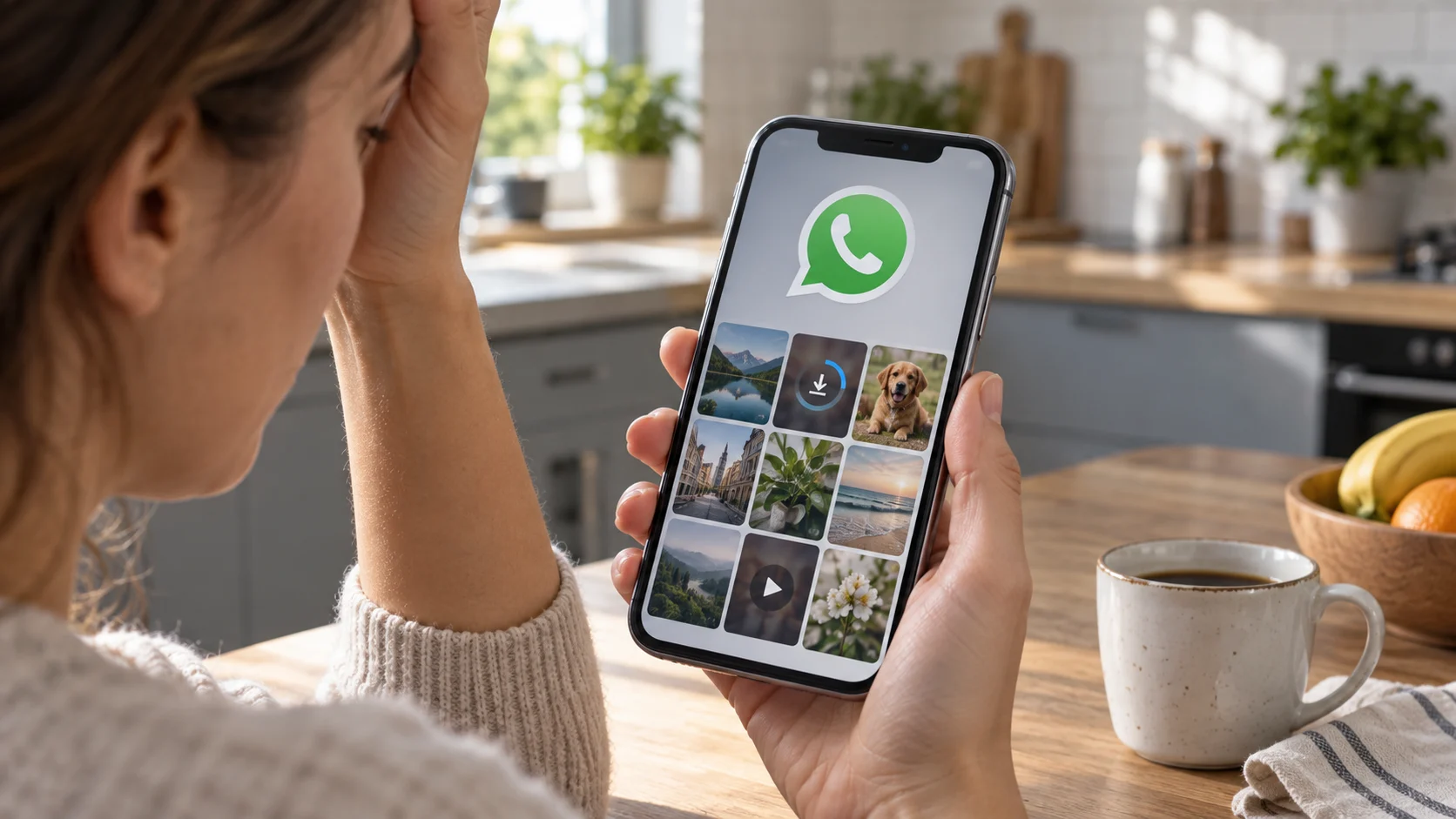 Пользователь проверяет остановившуюся загрузку фото и видео в WhatsApp на iPhone