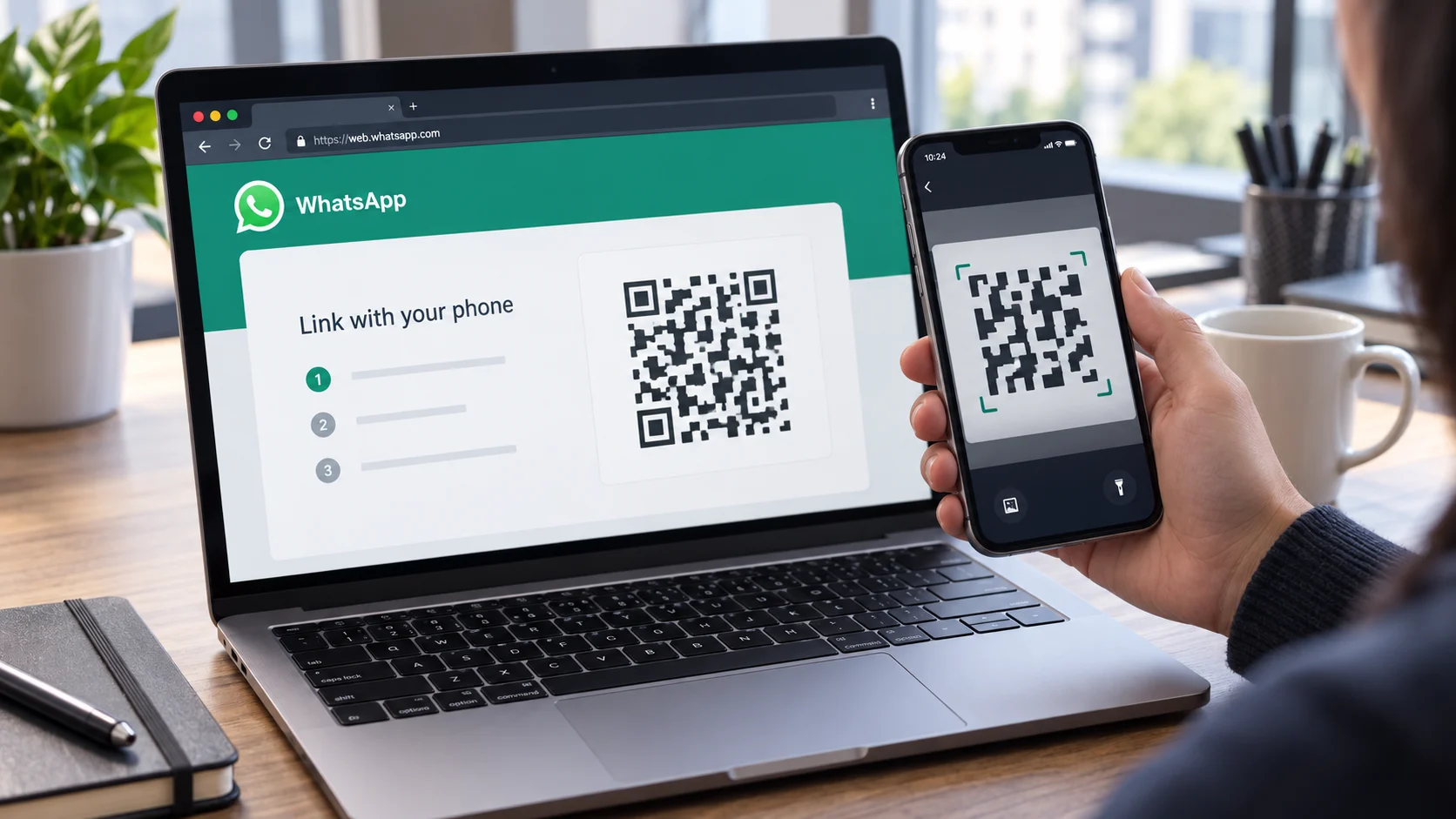 Пользователь связывает WhatsApp Web на ноутбуке со смартфоном