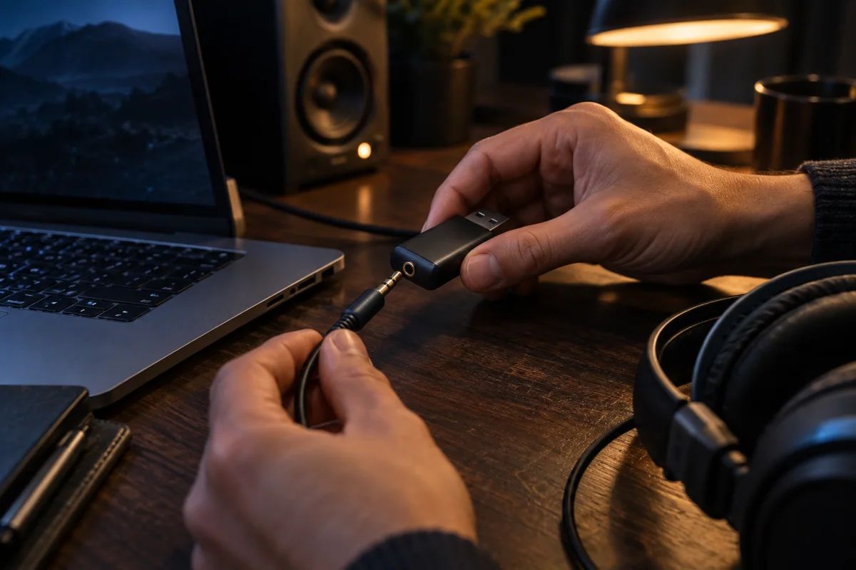 Подключение штекера наушников к USB-аудиоадаптеру возле ноутбука