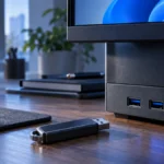 USB-накопитель рядом с портами компьютера и монитором Windows 11