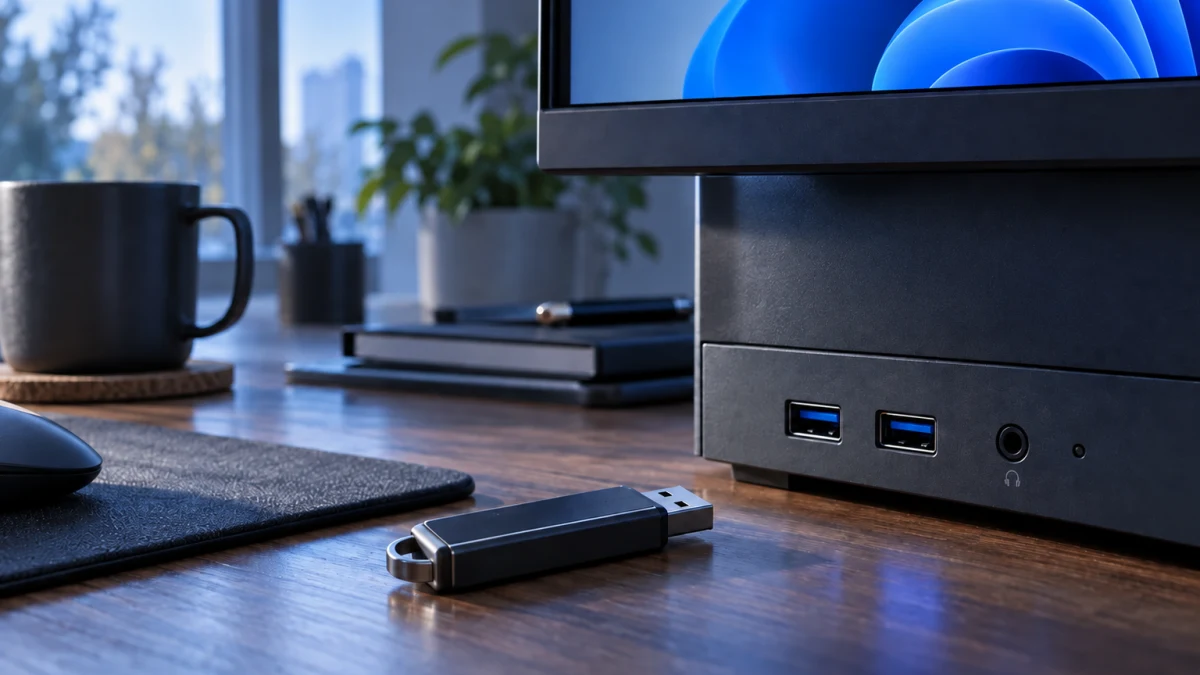 USB-накопитель рядом с портами компьютера и монитором Windows 11