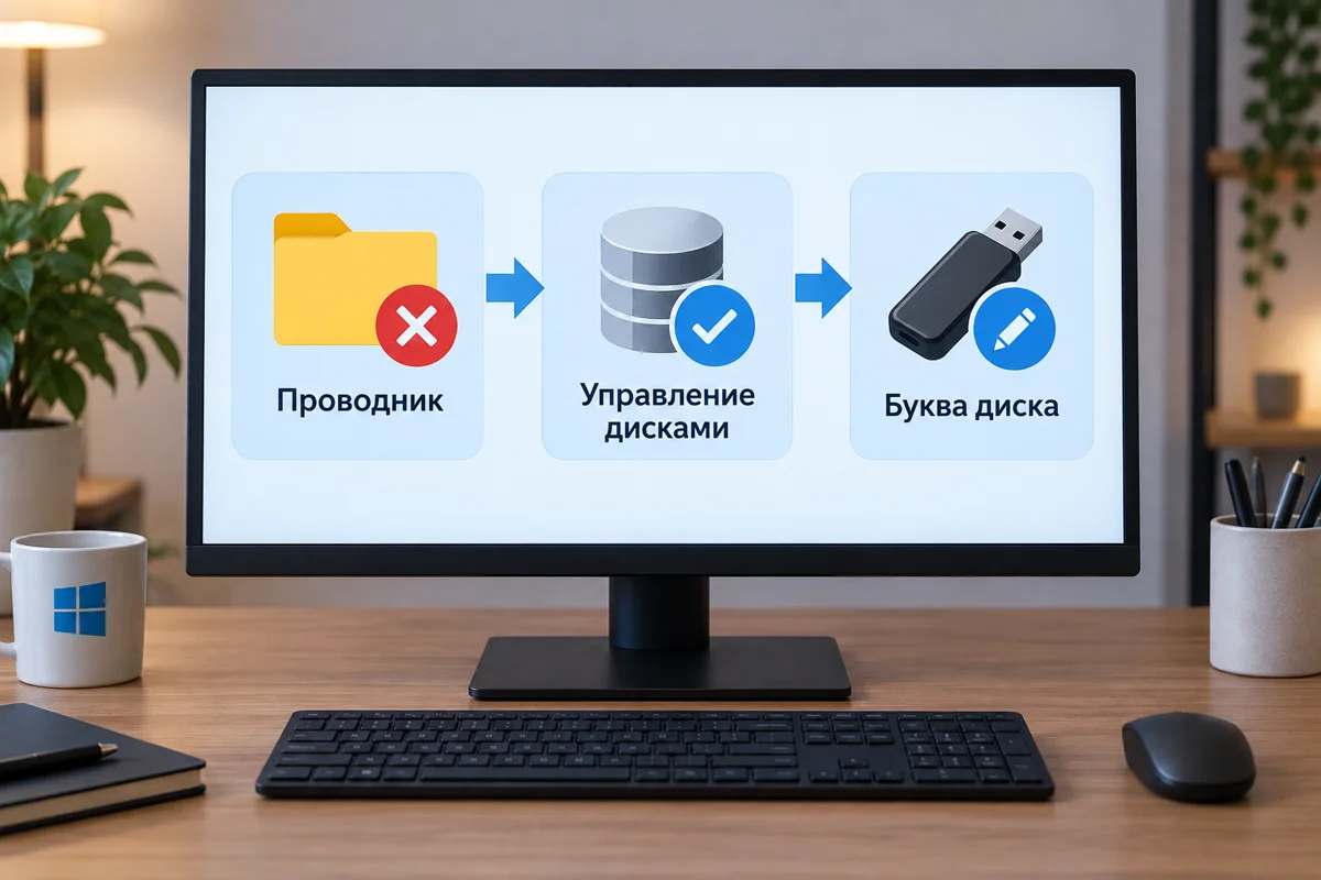 Схема проверки USB-диска через Проводник и Управление дисками