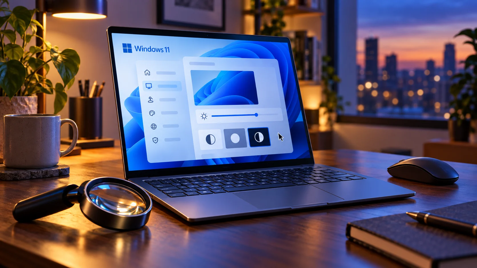 Ноутбук Windows 11 с настройками контраста и индикатора мыши