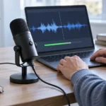 Настольный микрофон и ноутбук Windows во время проверки записи