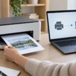 Ноутбук Windows и домашний принтер во время проверки подключения