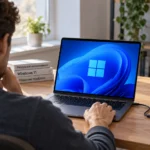 Ноутбук с Windows 11 и внешним накопителем перед сбросом системы