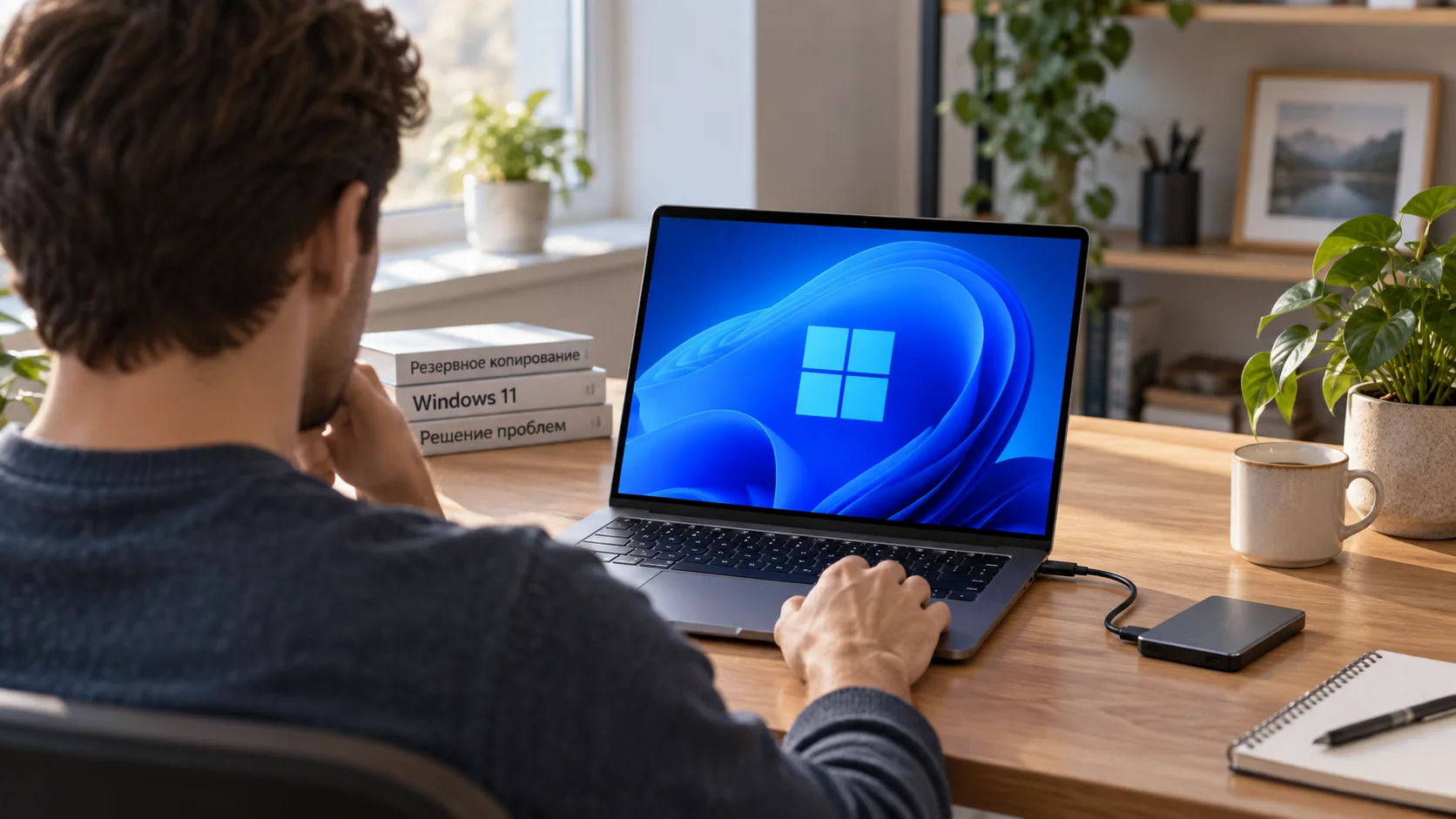 Ноутбук с Windows 11 и внешним накопителем перед сбросом системы