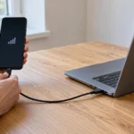 Android-телефон подключён USB‑кабелем к ноутбуку при настройке Windows