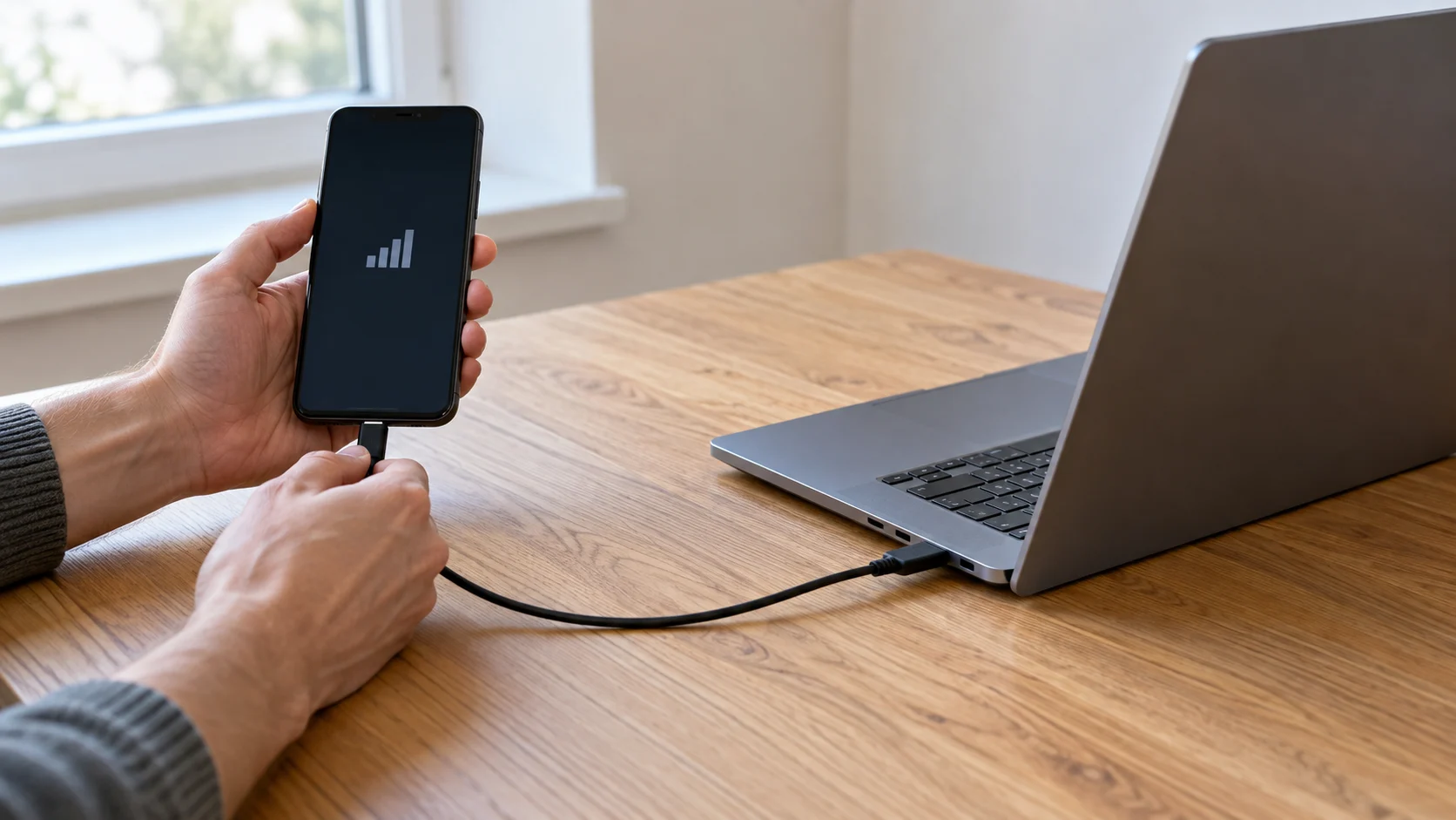 Android-телефон подключён USB‑кабелем к ноутбуку при настройке Windows