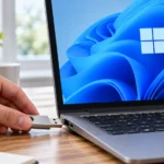 USB-флешку подносят к порту ноутбука с символом Windows 11 на экране