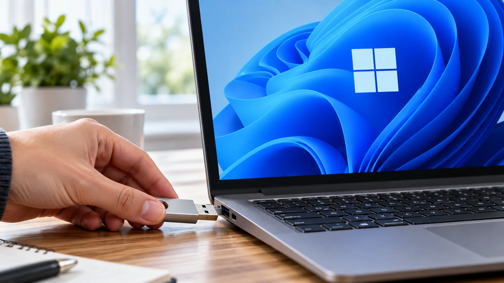 USB-флешку подносят к порту ноутбука с символом Windows 11 на экране