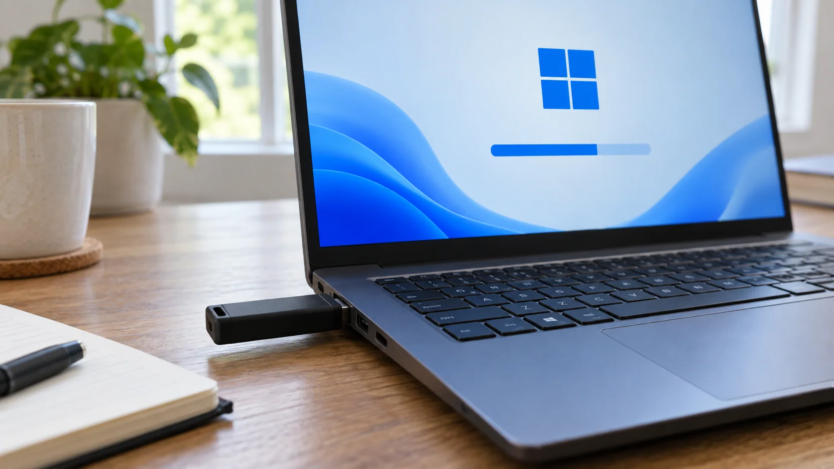 Чёрная USB-флешка вставлена в порт ноутбука во время создания носителя Windows 11