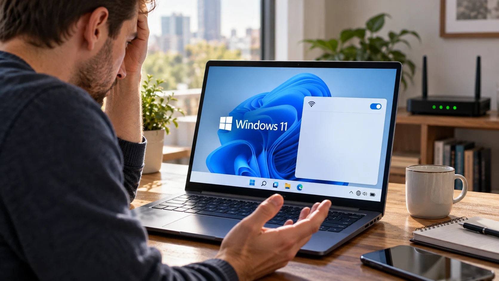 Пользователь проверяет пропавший Wi-Fi на ноутбуке с Windows 11
